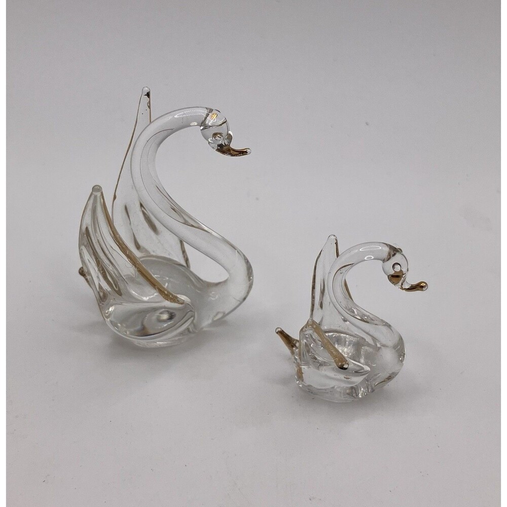 Set Of 2 Vintage Mini Glass Swan Birds Art Trinket Miniature Nature Animals